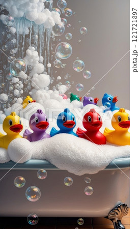 A bathtub filled with bubbles and a line of colorful rubber duckies floating on the water, evoking a sense of fun and playfulness. A bathtub filled with bubbles and a line of colorful rubber duckies floating on the water, evoking a sense of fun and playfulness. 121721897
