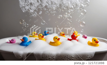A bathtub filled with bubbles and a line of colorful rubber duckies floating on the water, evoking a sense of fun and playfulness. A bathtub filled with bubbles and a line of colorful rubber duckies floating on the water, evoking a sense of fun and playfulness. 121721898