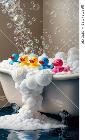A bathtub filled with bubbles and a line of colorful rubber duckies floating on the water, evoking a sense of fun and playfulness. 121721899