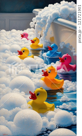 A bathtub filled with bubbles and a line of colorful rubber duckies floating on the water, evoking a sense of fun and playfulness. A bathtub filled with bubbles and a line of colorful rubber duckies floating on the water, evoking a sense of fun and playfulness. 121721901