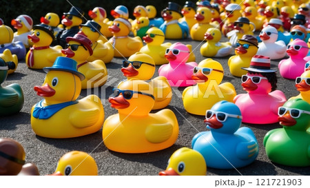A rubber ducky parade with various sizes and colors of duckies arranged in a row, each with unique accessories like hats and sunglasses. A rubber ducky parade with various sizes and colors of duckies arranged in a row, each with unique accessories like hats and sunglasses. 121721903