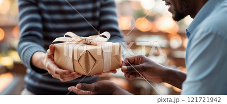 A close-up of hands giving a beautifully wrapped gift to another person. The scene conveys warmth, care, and symbolizes gratitude. 121721942