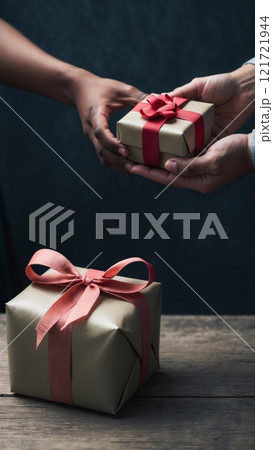 A close-up of hands giving a beautifully wrapped gift to another person. The scene conveys warmth, care, and symbolizes gratitude. 121721944