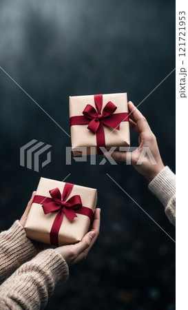 A close-up of hands giving a beautifully wrapped gift to another person. The scene conveys warmth, care, and symbolizes gratitude. A close-up of hands giving a beautifully wrapped gift to another person. The scene conveys warmth, care, and symbolizes gratitude. 121721953
