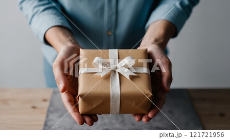 A close-up of hands giving a beautifully wrapped gift to another person. The scene conveys warmth, care, and symbolizes gratitude. A close-up of hands giving a beautifully wrapped gift to another person. The scene conveys warmth, care, and symbolizes gratitude. 121721956