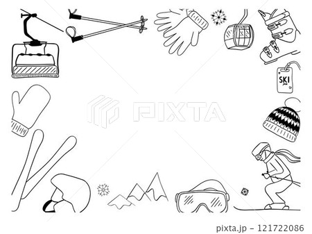 Ski sport banner in graphic line style. Skiing equipment in poster skis, helmet, poles, goggles isolated on background. Promotion for winter sport school template. Vector illustration 121722086