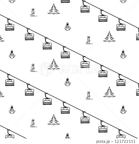 Ski Resort Seamless Pattern with Skiers and pine trees. Mountain lift skiing background winter resort with people. Vector graphic line illustration 121722151
