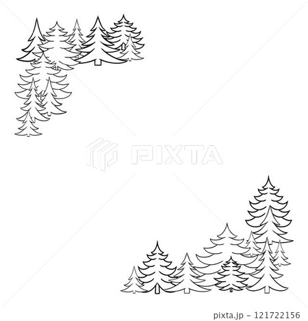 Christmas tree pine tree forest decoration. Square corner frame. Vector graphic line template Winter season . Transparent background  121722156