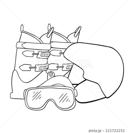 Winter sports ski composition in graphic line art. Vector Snow activities equipment ski, snowboard, helmet and snowmobile. ski boots, sunglasses and helmet illustration for web and applications. Winter sports ski composition in graphic line art. Vector Snow activities equipment ski, snowboard, helmet and snowmobile. ski boots, sunglasses and helmet illustration for web and applications. 121722252