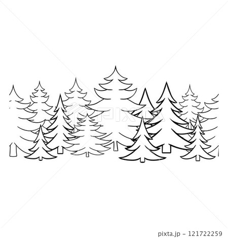 Black silhouettes of pine trees seamless border on white background. Set of park, forest, landscape elements. Graphic line stock vector. 121722259