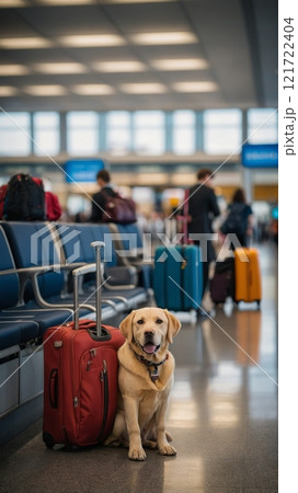 A Dog with Suitcases at the Train Station - Ready for Vacation A Dog with Suitcases at the Train Station - Ready for Vacation 121722404