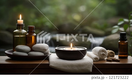 Spa Ambiance with Lit Candles and Soft Towels Spa Ambiance with Lit Candles and Soft Towels 121723222