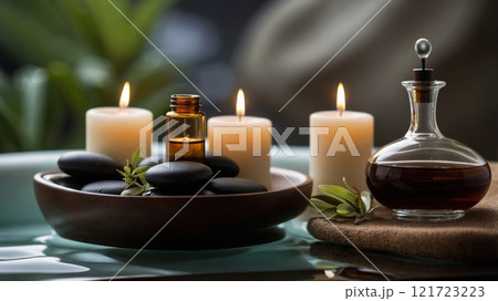 Spa Ambiance with Lit Candles and Soft Towels Spa Ambiance with Lit Candles and Soft Towels 121723223