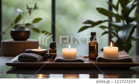 Spa Ambiance with Lit Candles and Soft Towels Spa Ambiance with Lit Candles and Soft Towels 121723224