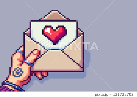 Pixel art of a hand holding an open envelope with a red heart inside on a light purple background for Valentine's Day. 121723702