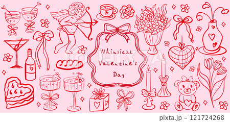 Whimsical coquette food and wine red and pink background. La dolce vita concept. Design elements for Valentines Day greeting cards, wedding invitations, birthday. Vector illustration 121724268