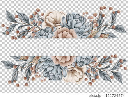 Trendy leaves, blush and rust rose wedding bouquet. Dried flower. Beige, gold, brown, rust, taupe. Watercolor hand drawn arrangements. 121724274