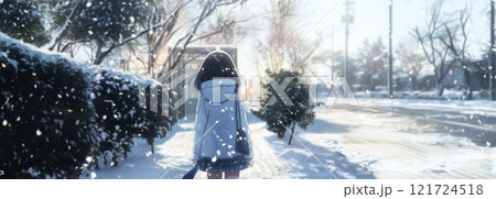 雪の中を歩く女性 121724518