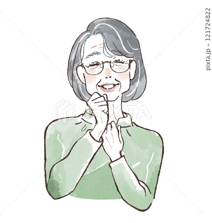 ボブヘアのシニア女性はにかみ笑顔 121724822