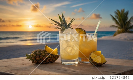 Glass of Puerto Rican Rum with Pina Colada at a Lively Beach Bar 121724842