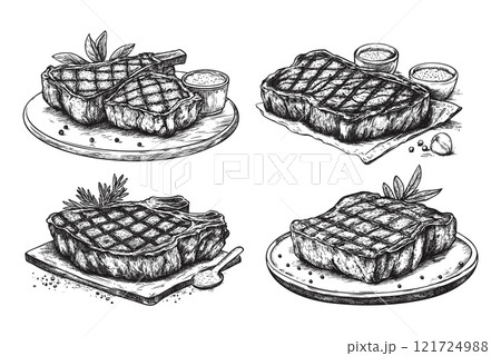 Roast meat engraving vector set. Plate paper wooden desk salt spices steak fried bbq food, monochrome retro ink sketch hand drawn grayscale isolated vectors on white background 121724988