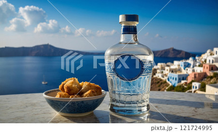 A shot of Greek ouzo in a small glass with ice cubes, surrounded by Greek meze on a beach with a sea view. 121724995