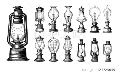 Old lamps engraving vector set. Barn lantern retro lightings, light bulbs with fuel mantle or gas kerosene, black hand drawn grayscale isolated vectors on white background 121725049