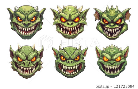 Goblin heads cartoon vector set. Orc fangs horns smiling avatars, green skinned grinning troll mythical evil character little creepy gremlin creature, game assets art isolated vectors on white 121725094