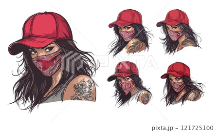 Gangster girl cartoon vector set. Baseball cap long hair young female face bandana character, criminal thug woman chicano tattoos flashes avatars, isolated on white backdrop 121725100