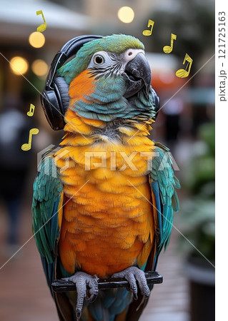 A parrot listens to music with headphones in the background of the street. Musical notes are flying around 121725163
