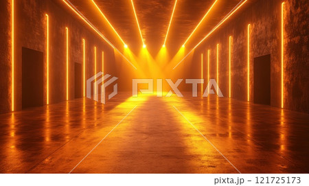 Stage with yellow neon lighting, neon spotlight beams shining in different directions 121725173