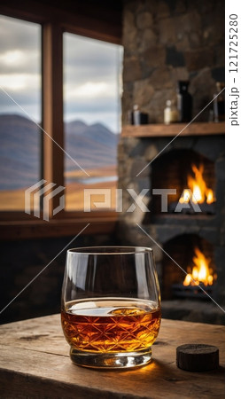 Scotch whisky on a wooden table, with a view of the Scottish Highlands and a cozy fireplace. 121725280