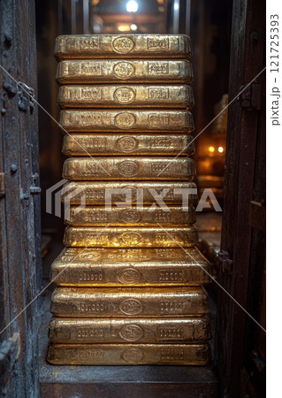 A stack of gold bars in a bank vault . The concept of financial investment and wealth A stack of gold bars in a bank vault . The concept of financial investment and wealth 121725393