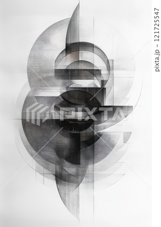 Pencil drawing on white paper. Abstract lines in black pencil on white paper. Pencil graphics. Illustration 121725547