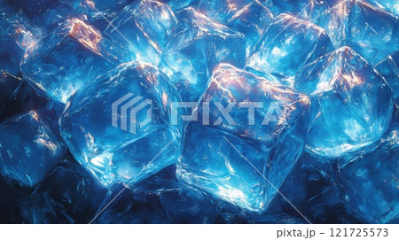 Ice cubes and falling snowflakes on a blue background . A cold background. Years for cold drinks Ice cubes and falling snowflakes on a blue background . A cold background. Years for cold drinks 121725573