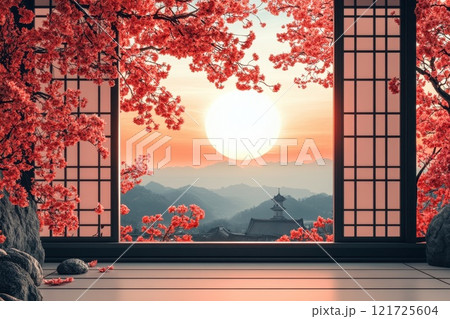 Cherry blossoms on a spring morning against the background of an old Japanese town. illustration 121725604