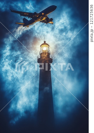 An airplane flying over the lighthouse at sunset. Passenger airplane near the lighthouse 121725636