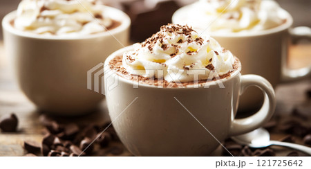 Hot chocolate or coffee latte in coffee mugs with brown background. Hot chocolate or coffee latte in coffee mugs with brown background. 121725642