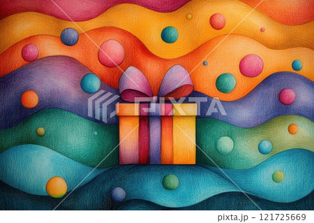 A bright gift box with a ribbon on an abstract background. International Day on March 8th. Illustration 121725669