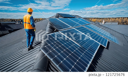 A male technician checks photovoltaic solar modules on the roof of a house. Eco-technology for using renewable energy sources 121725676
