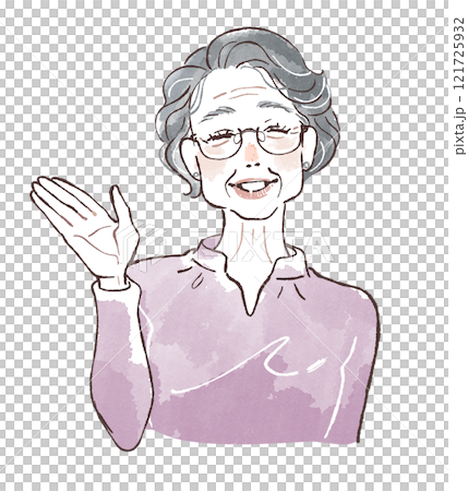 パーマヘアのシニア女性笑顔で案内ポーズ 121725932