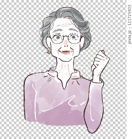 Senior woman with permed hair gives a fist pump 121725933