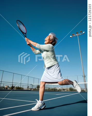 Senior chinese woman enjoys playing tennis on an outdoor court under a clear blue sky 121726103