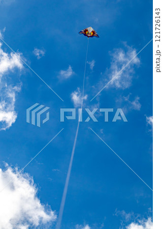 沖縄の綺麗な青空、青い海、ビーチでの冬の凧揚げ(洋凧・カイト) 沖縄の綺麗な青空、青い海、ビーチでの冬の凧揚げ(洋凧・カイト) 121726143