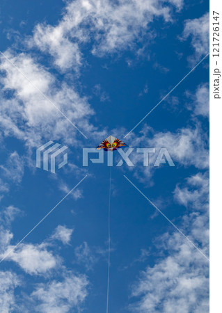 沖縄の綺麗な青空、青い海、ビーチでの冬の凧揚げ(洋凧・カイト) 121726147