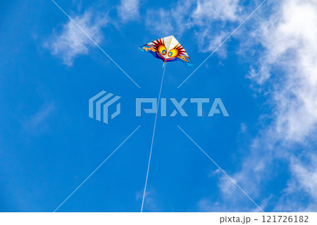 沖縄の綺麗な青空、青い海、ビーチでの冬の凧揚げ(洋凧・カイト) 121726182