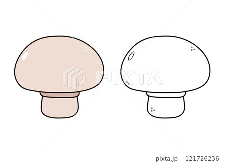 Cute funny Mushroom waving hand character outline cartoon illustration for coloring book. Vector hand drawn traditional cartoon vintage, retro, Mushroom character. Isolated on white background 121726236
