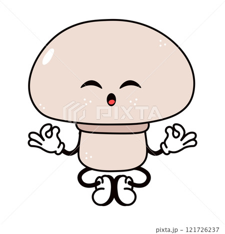 Mushroom doing yoga character. Vector hand drawn traditional cartoon vintage, retro, kawaii character illustration icon. Isolated on white background. Mushroom character 121726237