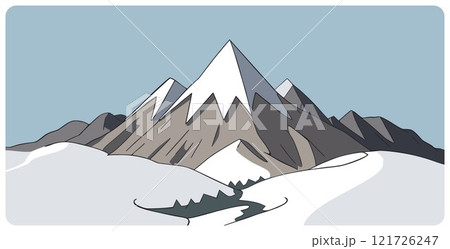 Abstract hand drawn cartoon vector illustration of snowy mountain landscape with snowbound foothills and snowcapped mount peaks. Flat graphic sketch concept for winter nature scenery or hiking tourism 121726247