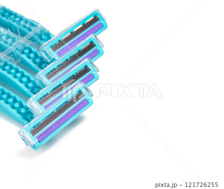 Bright blue razors for ladies shaving isolated on the white background 121726255